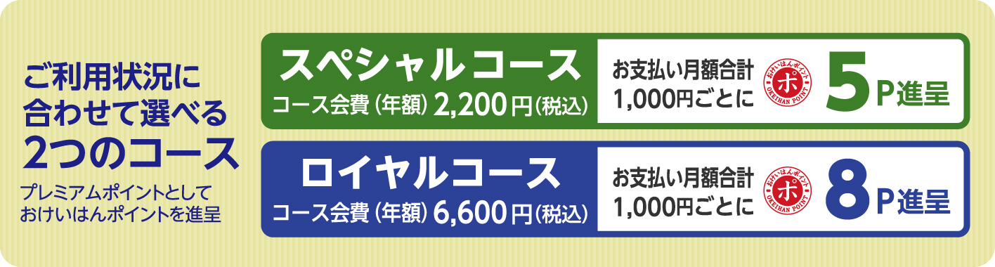 ご利用状況に合わせて選べる2つのコースをご用意 e-kenetスペシャルコース（お支払い月額合計1,000円ごとに、プレミアムポイントを5ポイント進呈　コース会費（年額）年額2,200円（税込）） ロイヤルコース（お支払い月額合計1,000円ごとに、プレミアムポイントを8ポイント進呈　コース会費（年額）年額6,600円（税込））